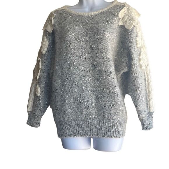Mariea Kim Vintage Grey Cream Floral 3D Appliqué Wool Blend Sweater Small - Picture 1 of 9